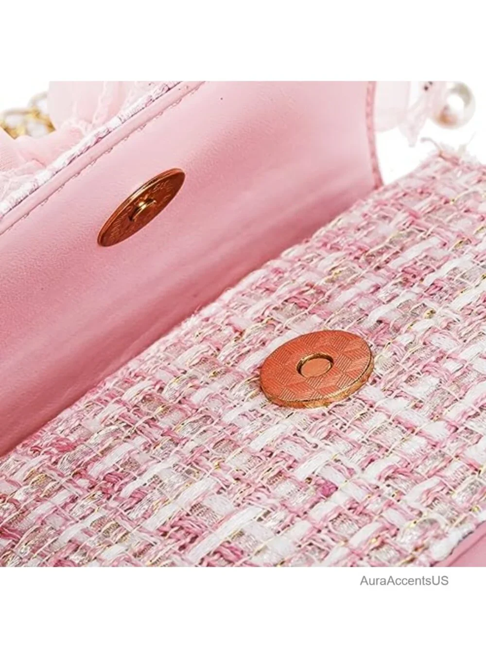 Kids Mini Crossbody Purse with Bowknot, Pearl Handle, Detachable Gold Chain, 2